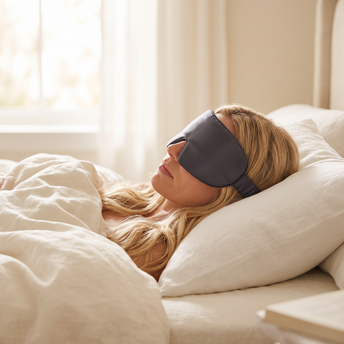 Woman asleep on a pillow wearing the Seraphine padded mulberry silk sleep mask