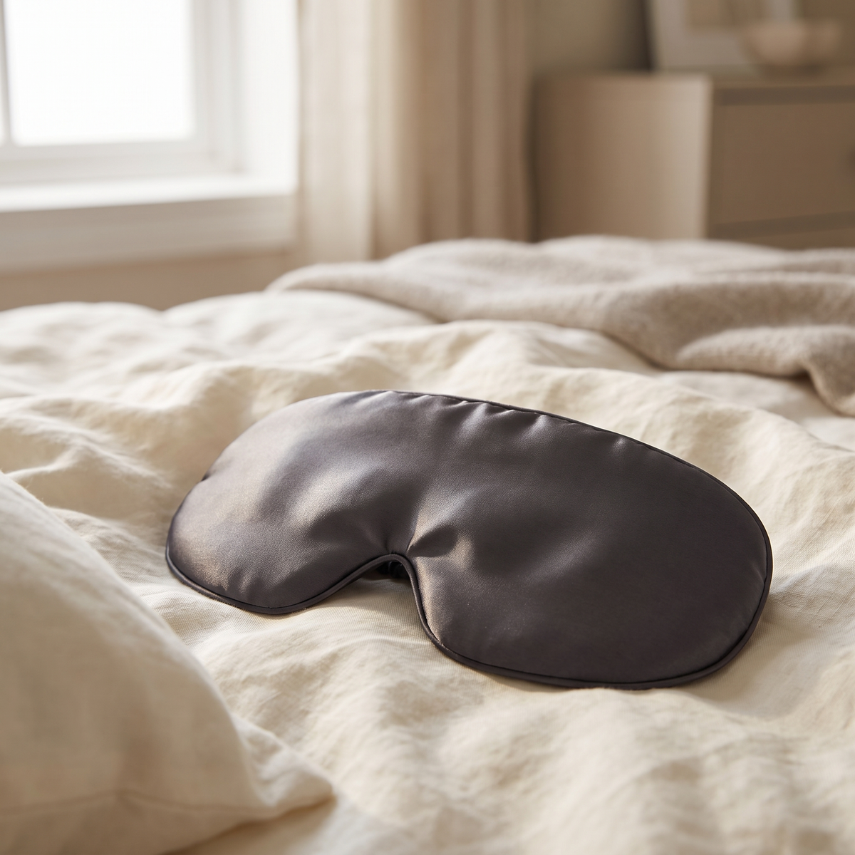 Seraphine charcoal silk sleep mask resting on ivory linen bedding